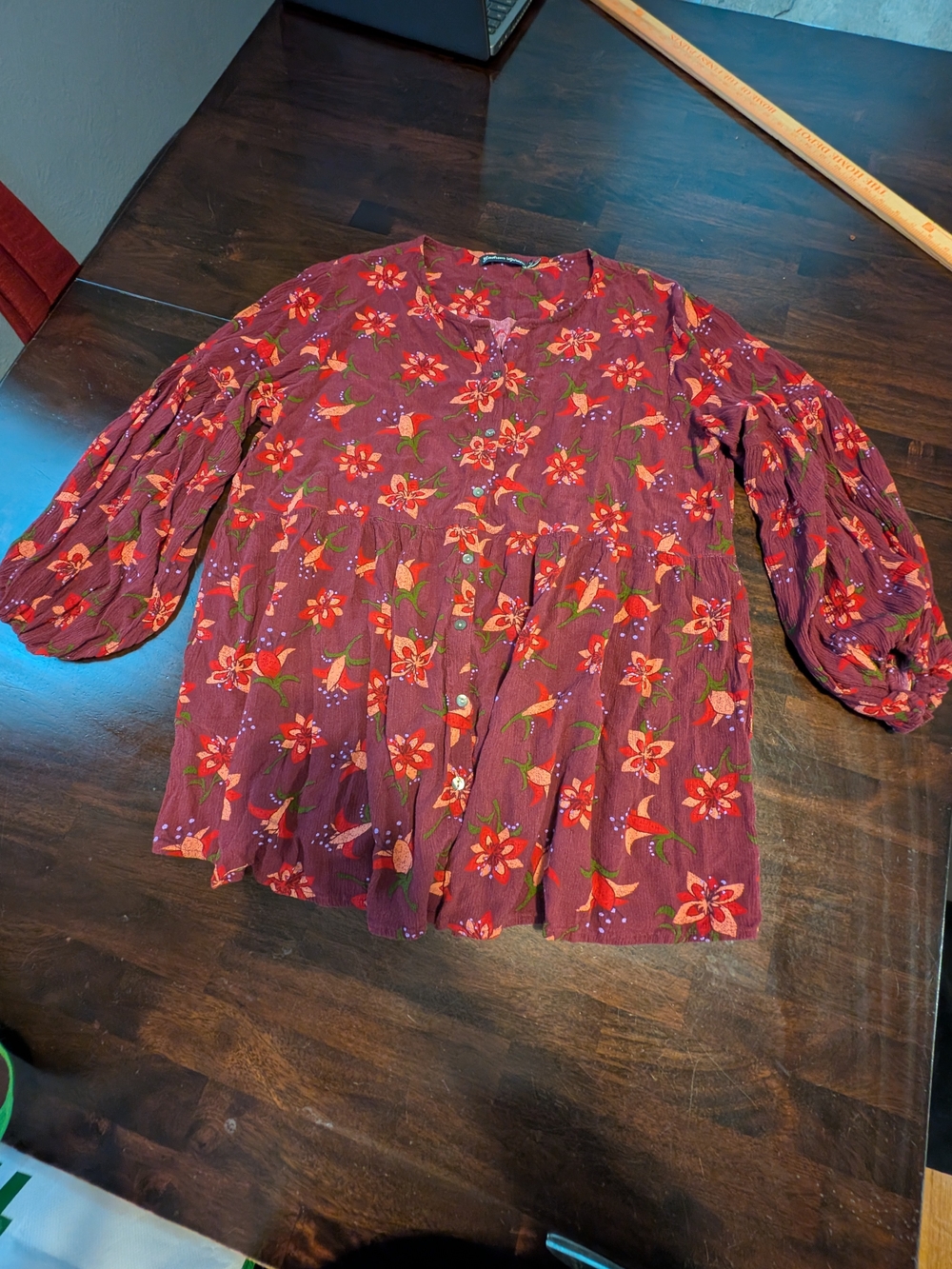 Gudren Sjoden Floral Peasant Blouse - Burgundy, Women's L